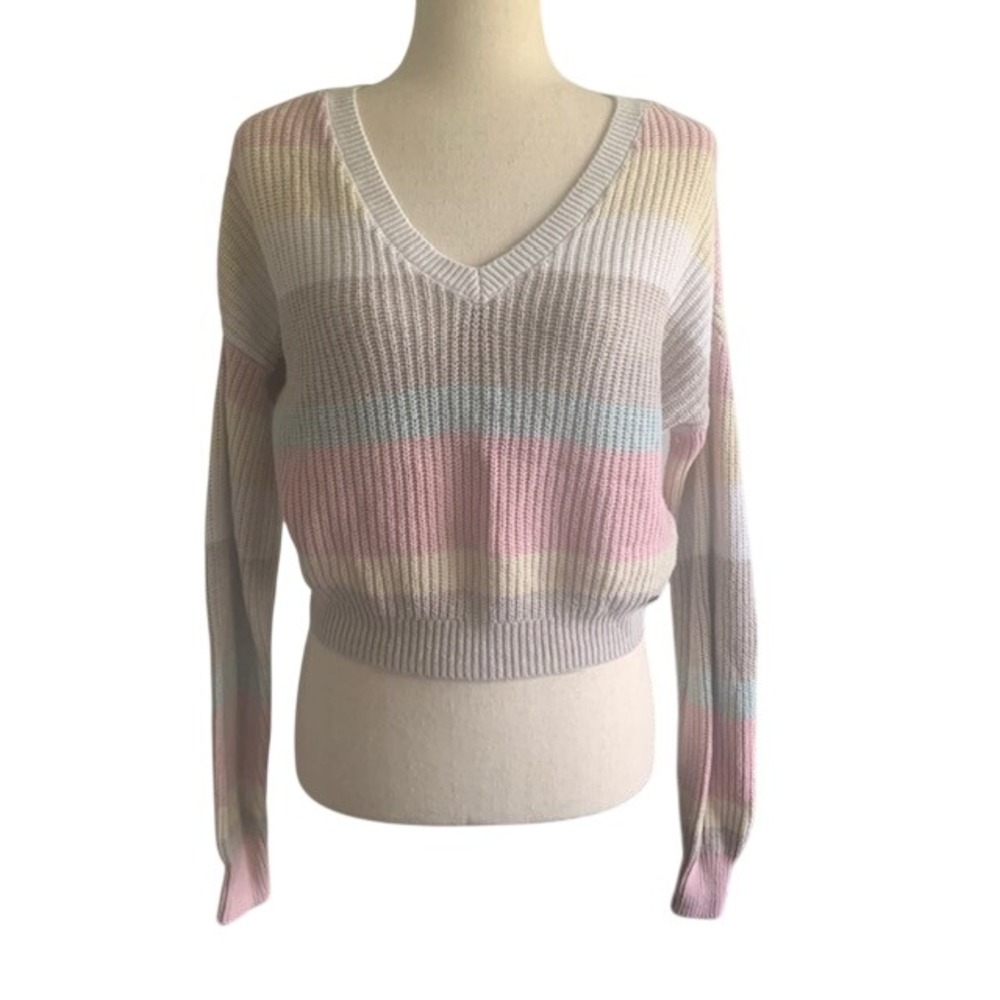 Hollister Pastel Striped V-Neck Sweater XS Y2K Aesthetic Preppy Soft Knit Top